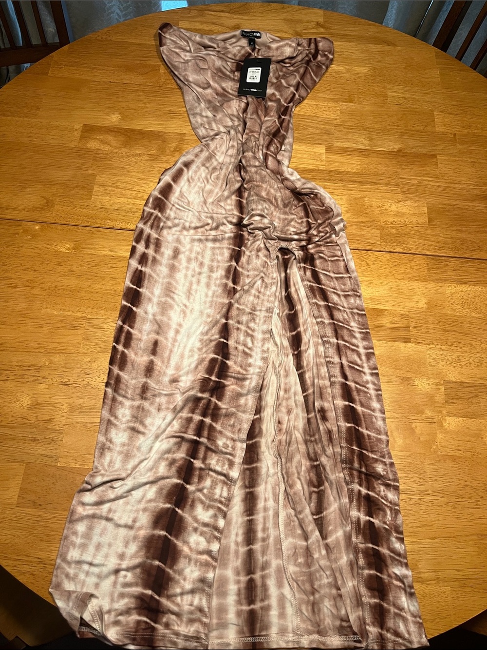 Fashion Nova Strapless Taupe Tie-Dye Maxi Dress with Slit